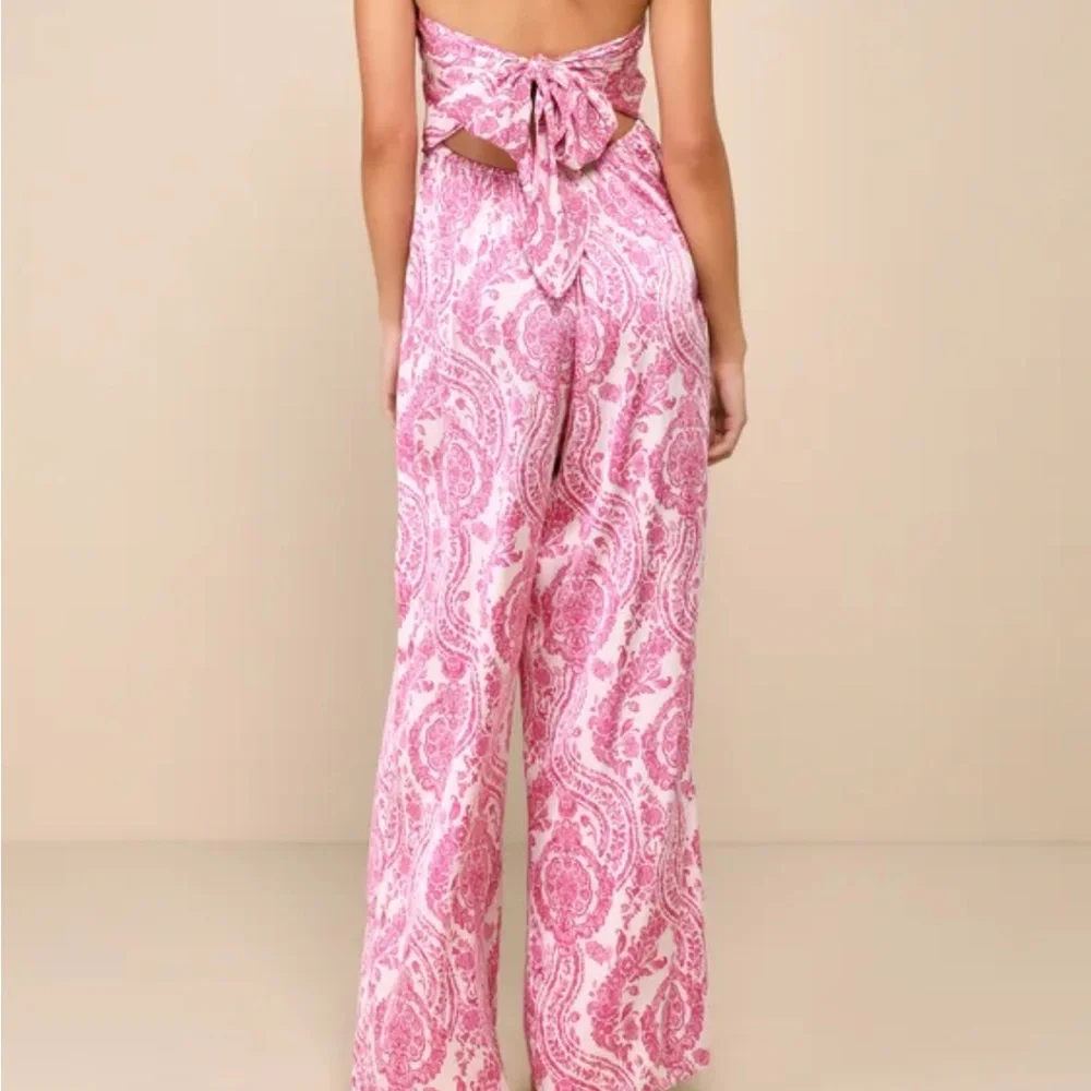 Bali Babe Ivory and Pink Boho Print Strapless Wide-Leg Jumpsuit - Picture 2 of 3